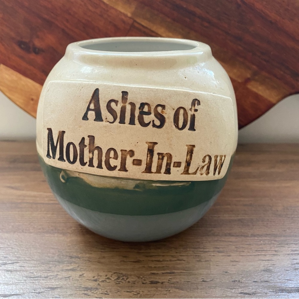 Vintage Novelty “Ashes of Mother-in-Law” Pottery Jar / flower vase